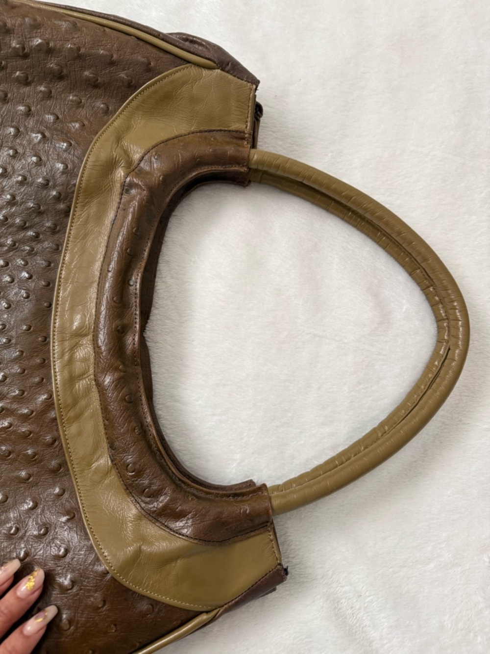Vintage VEARI Genuine Ostrich Leather Handbag Brown Tan Shoulder Bag - Picture 7 of 11